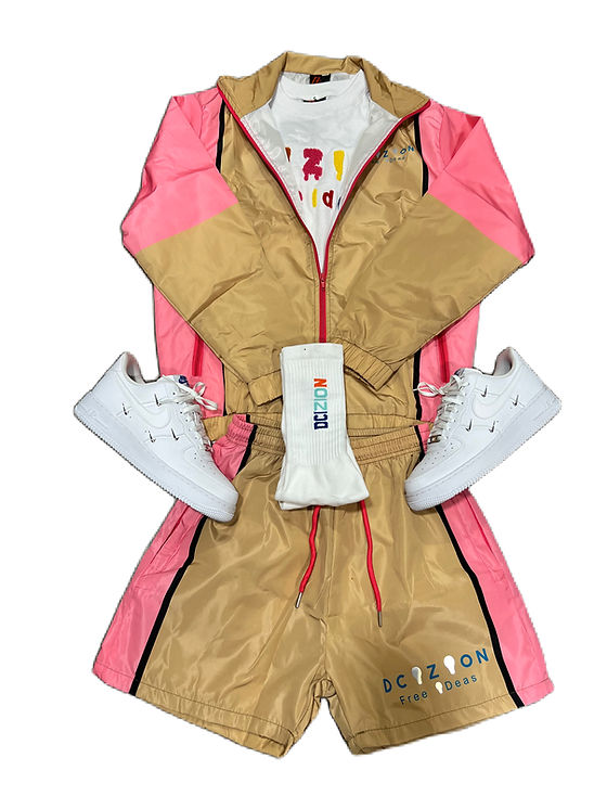【NERDY】 Women's Ribbon Hoodie Windbreaker Set Light pink-Tan-Teal Logo Windbreaker Set | DCizion