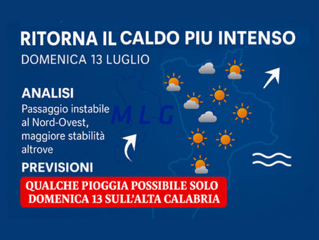 *Domenica con qualche pioggia sull’alta Calabria, prima di una nuova fase di caldo intenso. I dettagli