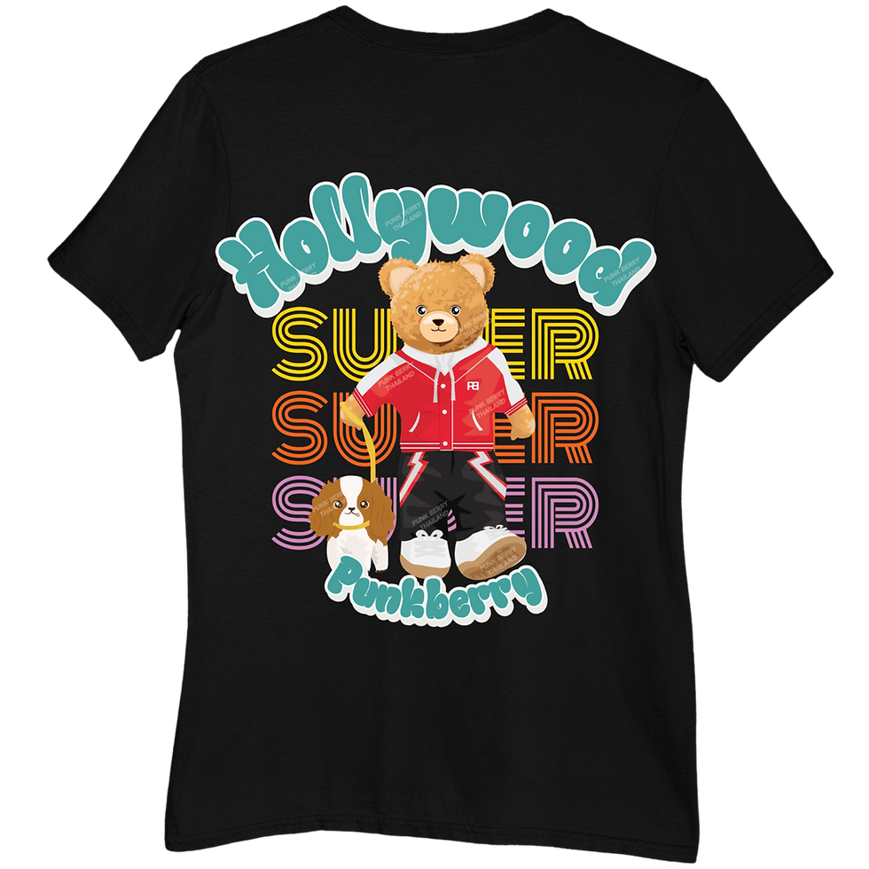 mock up of a black tshirt feature Hollywood Super and a Bear walking his dog