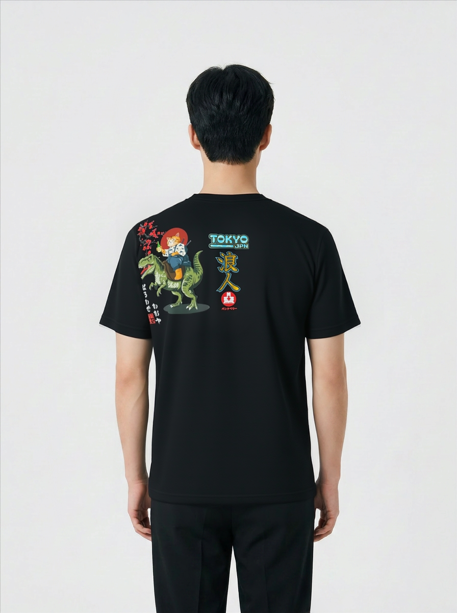 Thumbnail: Tokyo Samurai Cat Dino - E222 Mockup black color back side
