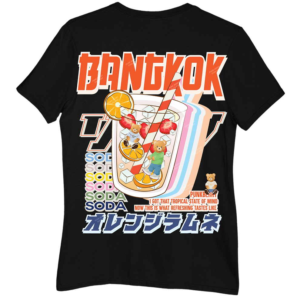 Back view of black Bangkok Soda tee features strawberry and oranges iced soda, Punkberry bear, refreshing taste.