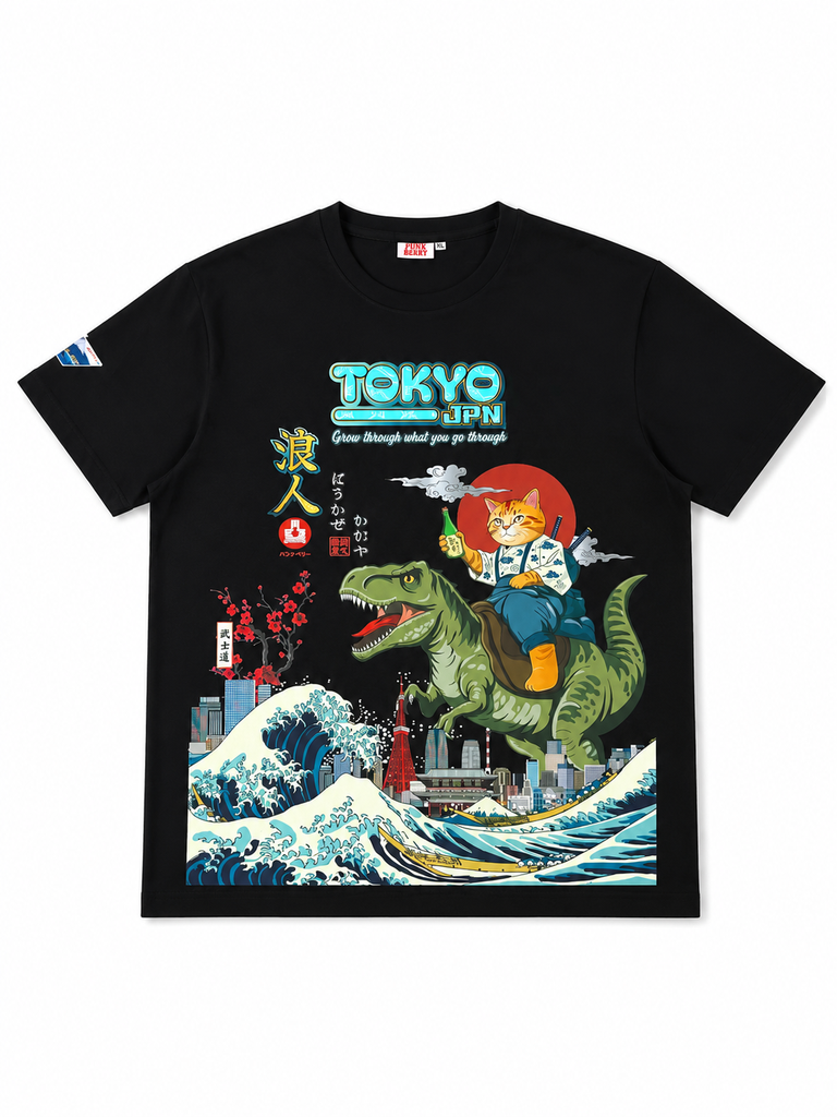 Thumbnail: Tokyo Samurai Cat Dino - E222 tee black color front side