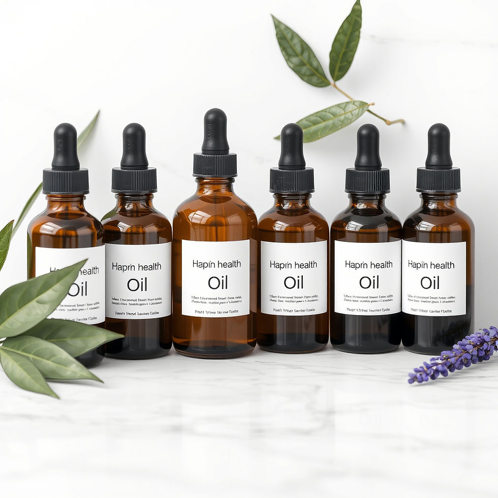 Six brown oil bottles on white surface with leaves and text labels