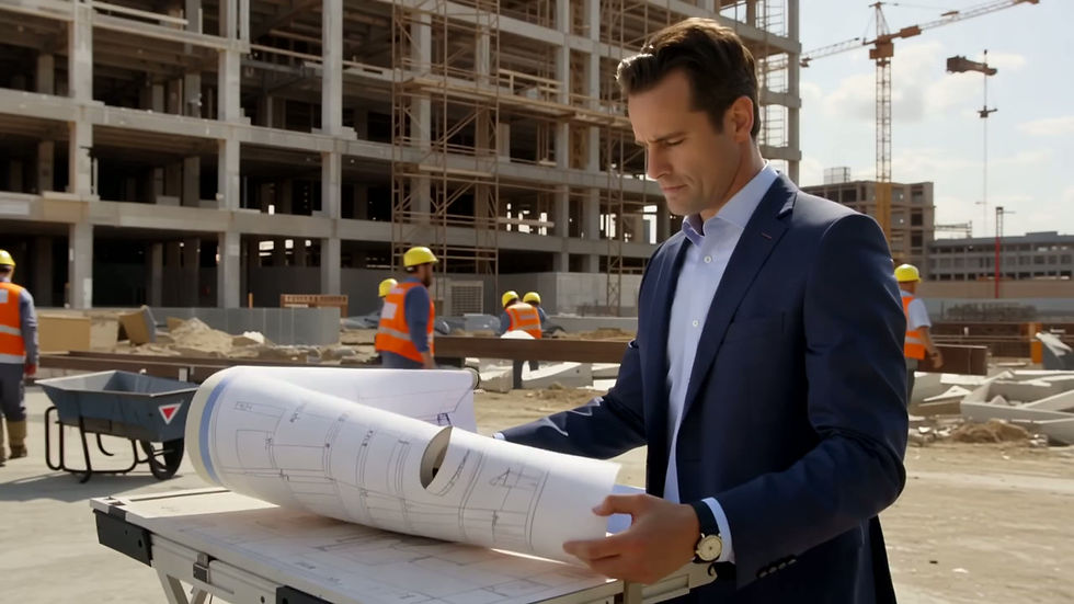 Gen-4_5 - Video of a real estate developer with an unfinsihed building int eh background l