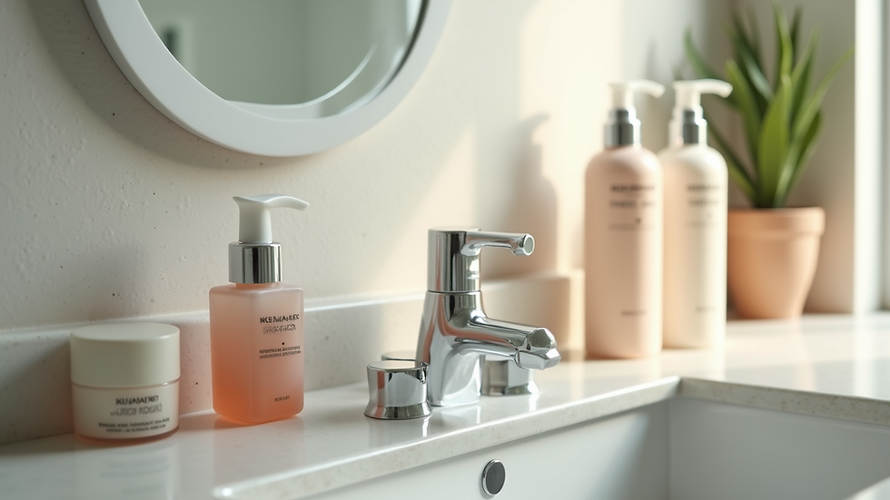 Close-up view of skincare products arranged neatly on a bathroom counter