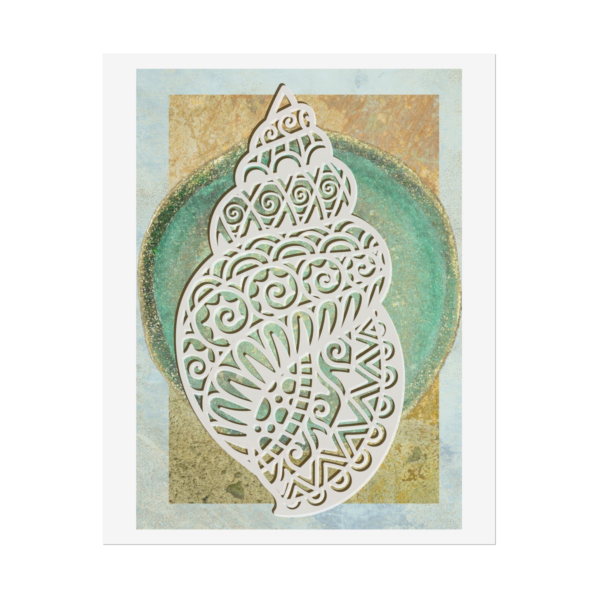  Shell Art Print - Patina Effect Gold Turquoise 3D Design - Rolled Poster 