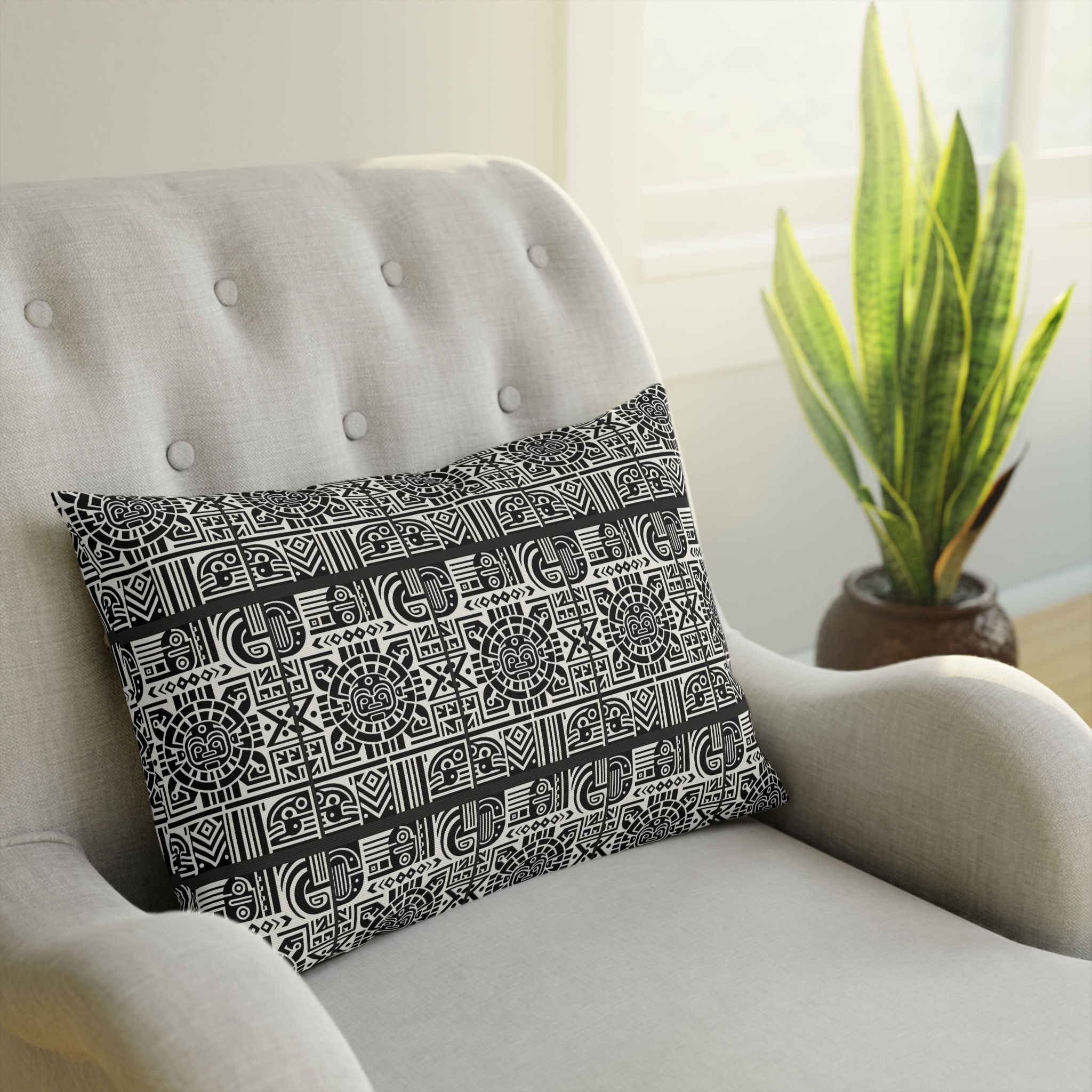 Mayan Aztec Sun Cushion. Black White Geometric Design. 2 Sizes. Mix & Match