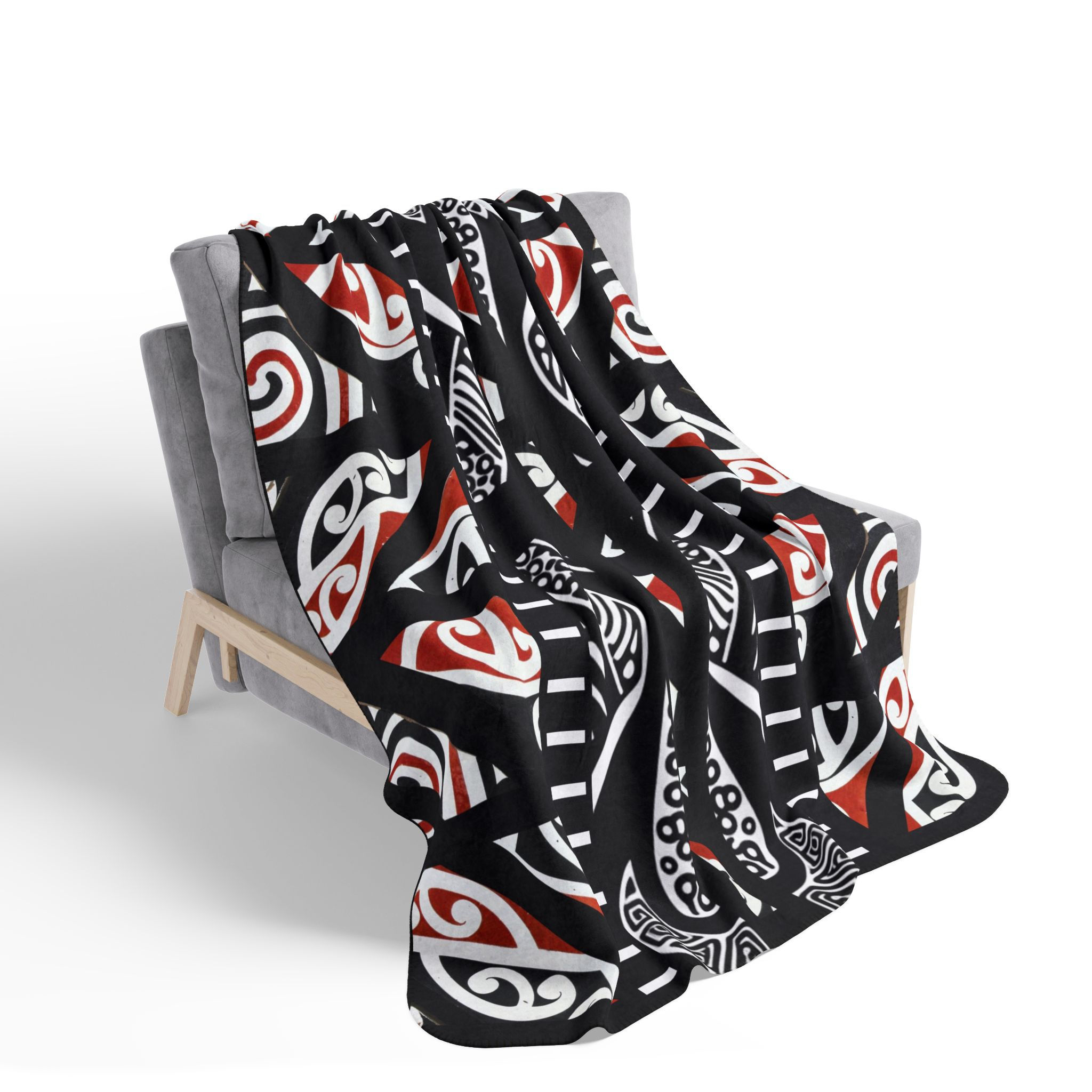  Bold Polynesian Māori Sherpa Blanket - Black, White, Red - Cozy Winter Warmer 