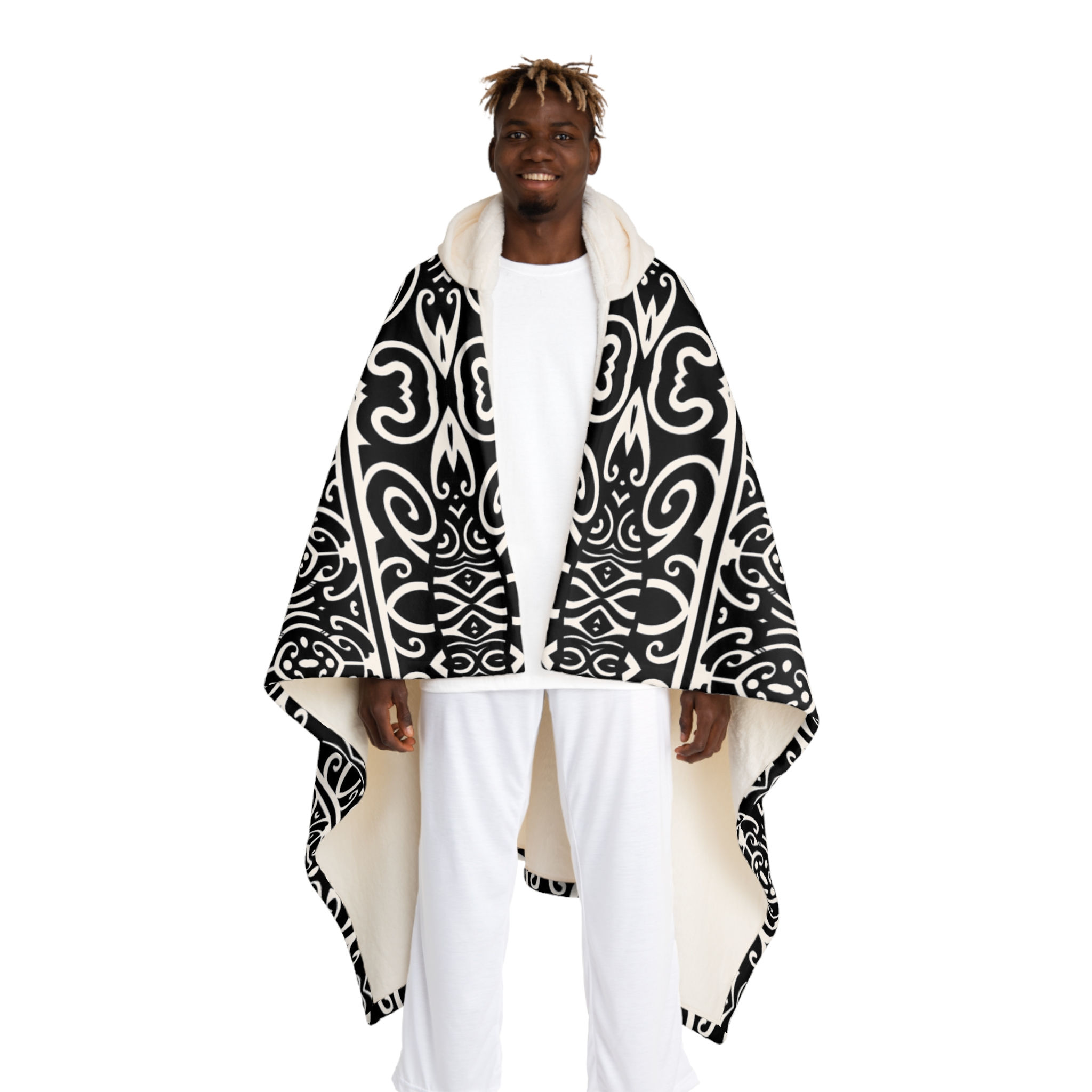  Bold Polynesian Hooded Snuggle Blanket | Black & White | Cozy Winter Warmer 