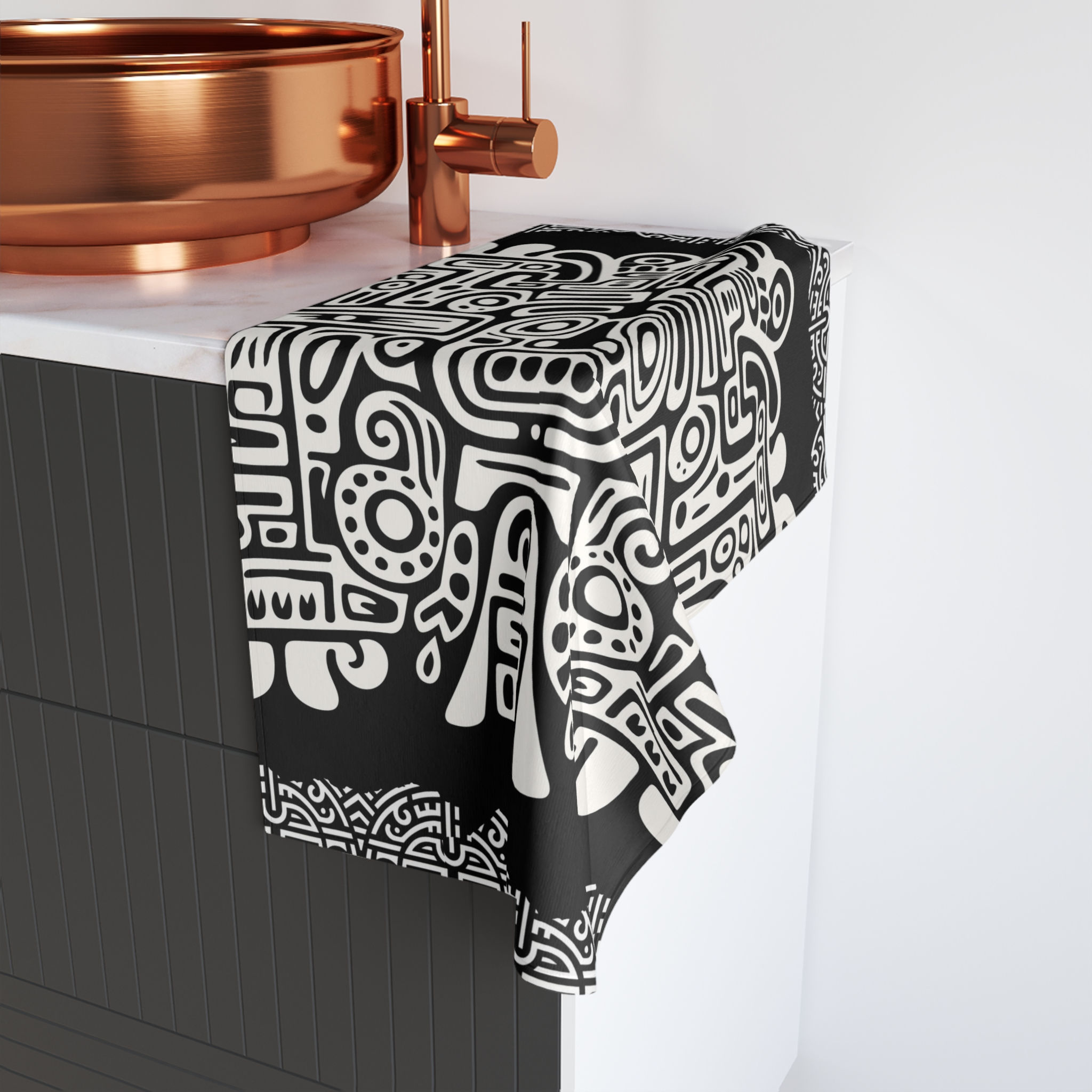  Black and White Mayan Abstract Hand Towel- Artisan Accessory - Kitchen Bathroom