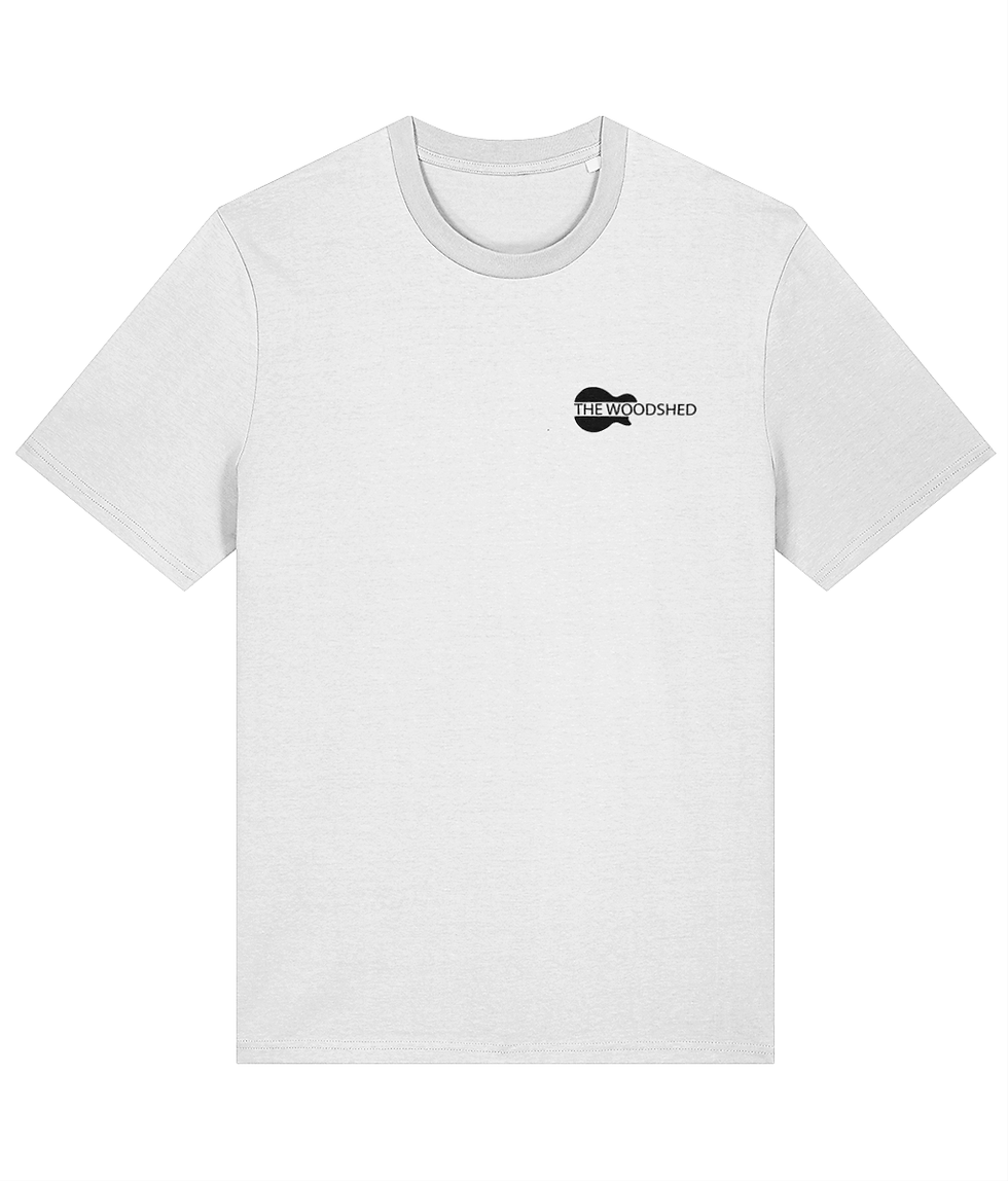 Flat lay of Eco-Conscious Woodshed Guitar White Tee with Black Logo made from 100% organic cotton
