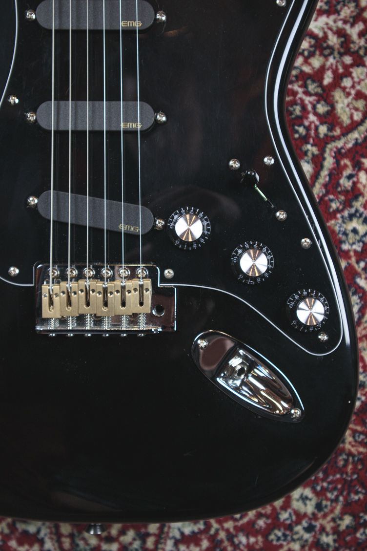 Thumbnail: Close-up of EMG pickups and upgraded bridge on Tokai AST-52.