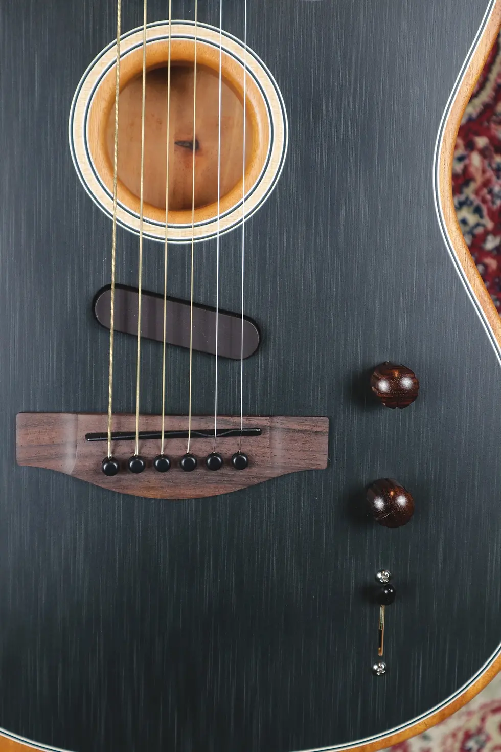 Thumbnail: Body front close-up showing controls and bridge of Fender Acoustasonic Player Telecaster in Brushed Black