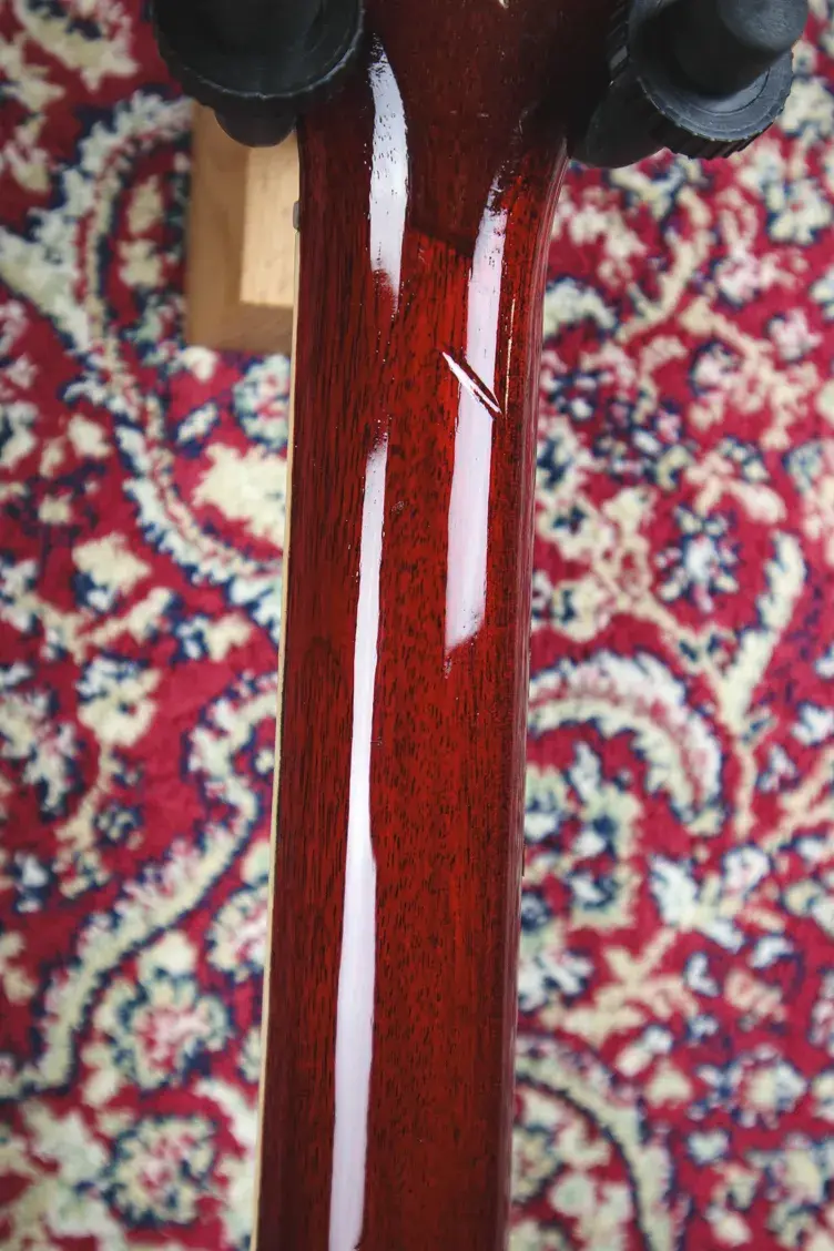 Thumbnail: Back of neck displaying headstock repair and lacquer crack – 1963 Gibson ES-335TD