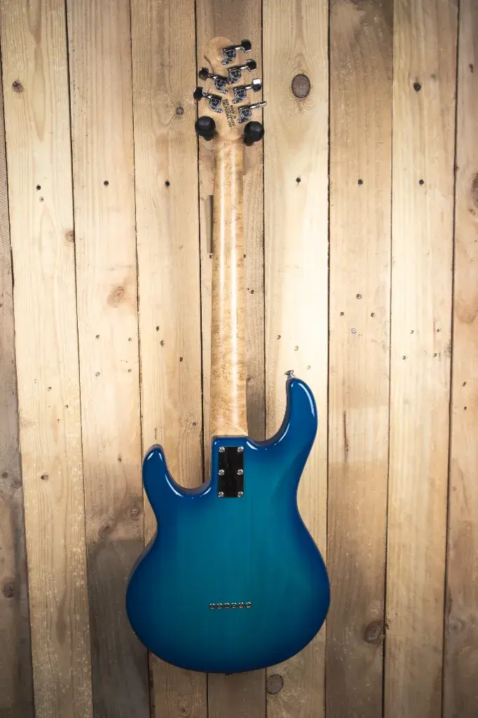 Back view of a 1989 Ernie Ball Music Man Silhouette guitar in Burst Blue.