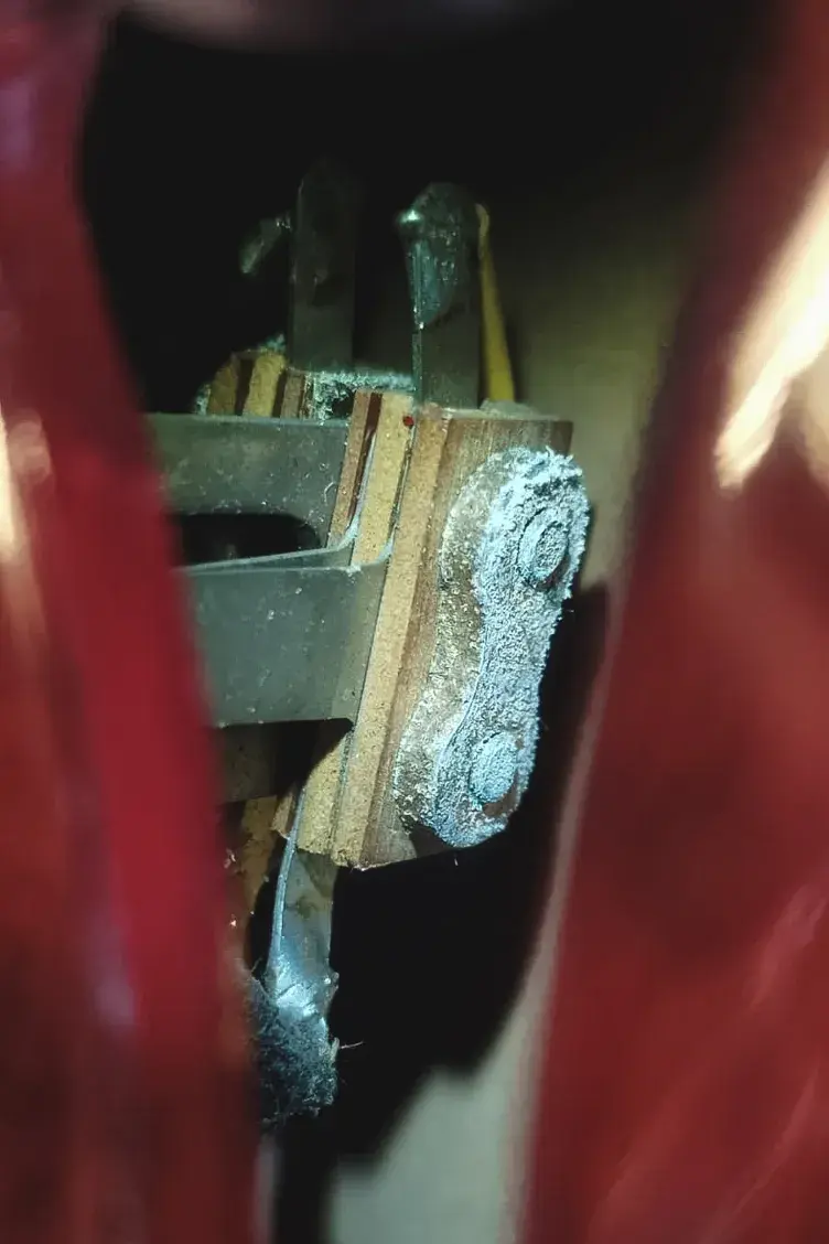 Thumbnail: Interior shot of center block construction with visible bracing and dust – 1963 Gibson ES-335TD