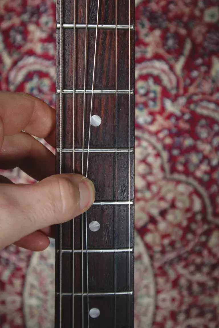 Thumbnail: Close-up of rosewood fretboard showing fret wear under string pressure