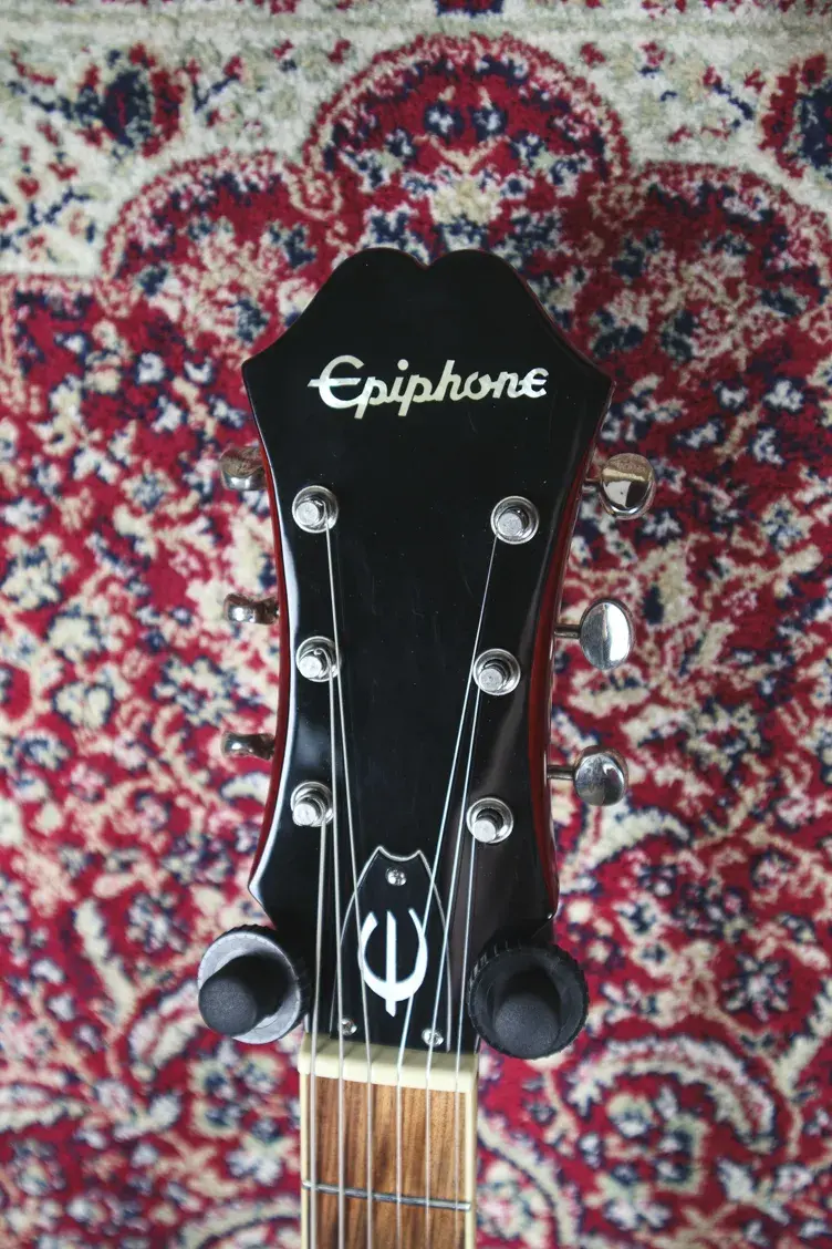 Thumbnail: Headstock with Epiphone logo and vintage tuners