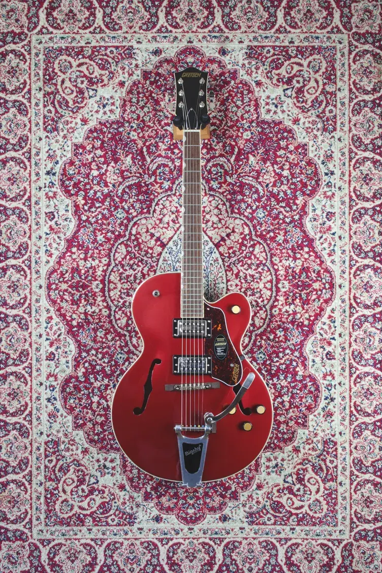 Front view of Gretsch G2420T Streamliner in Brandywine on patterned rug