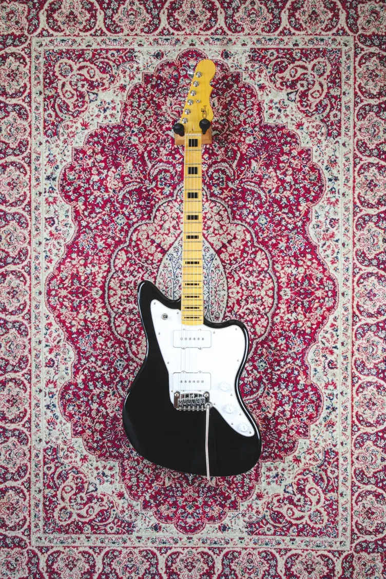 Full front view of 2018 G&L Doheny Tribute electric guitar in gloss black finish with maple neck and block inlays