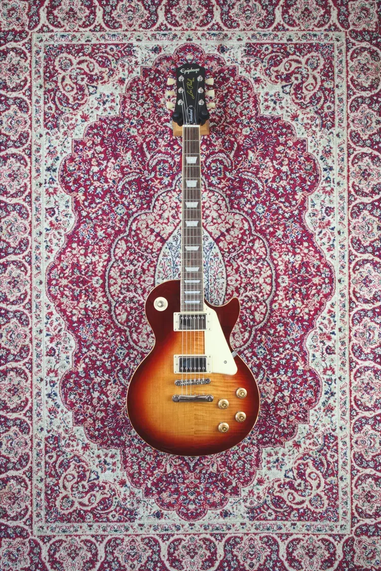 Full front view of Epiphone Les Paul Standard in Cherry Sunburst