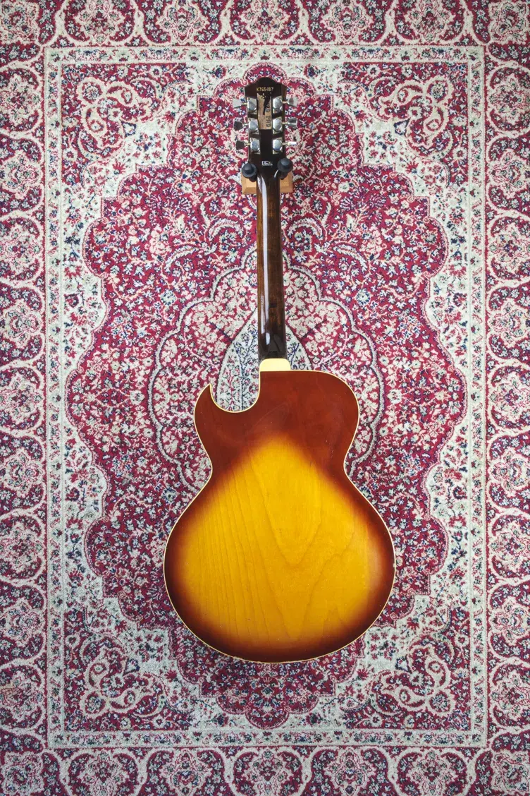 Sunburst back of vintage Ibanez hollow-body guitar