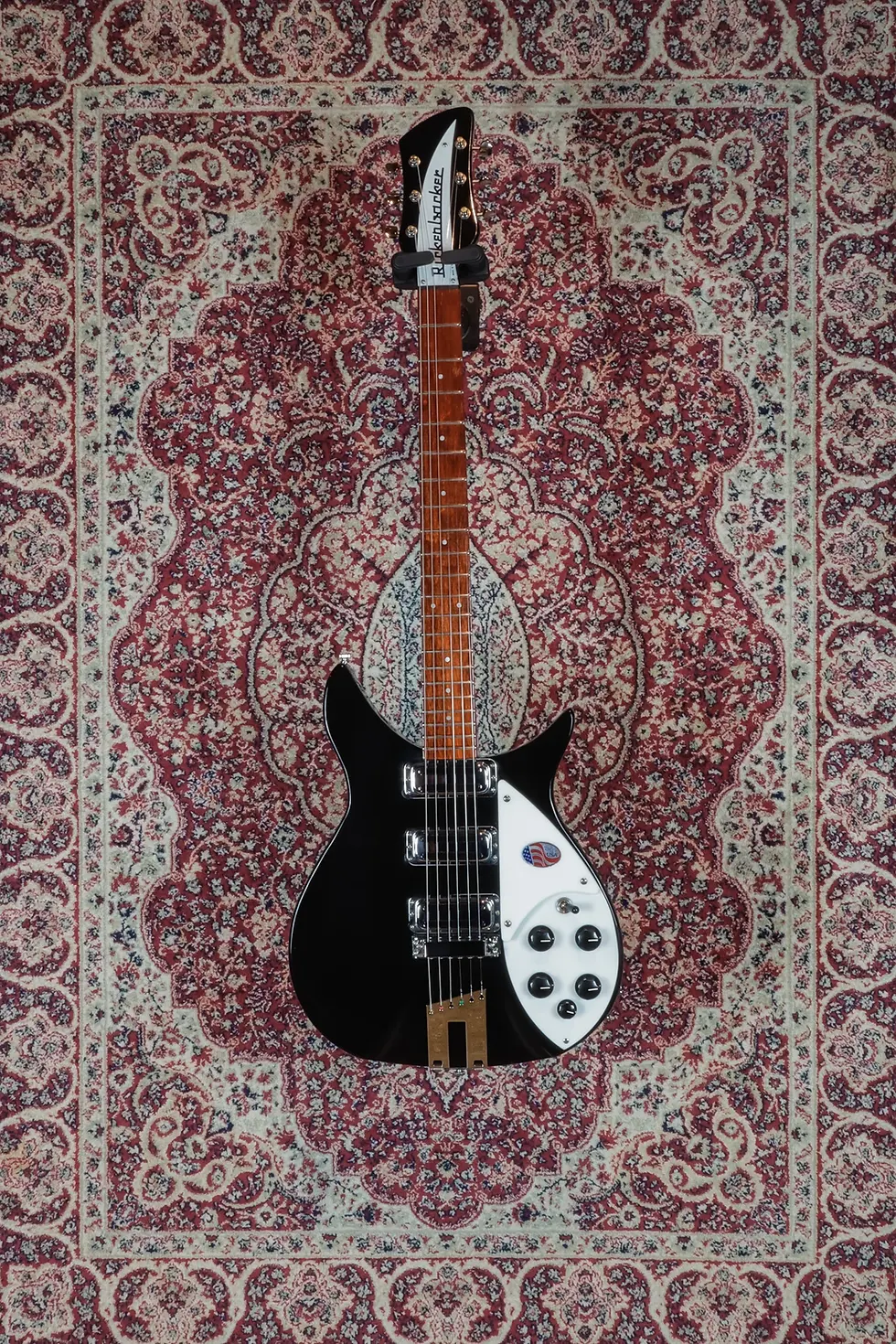Rickenbacker 350 V63 Liverpool Jetglo full front view on rug