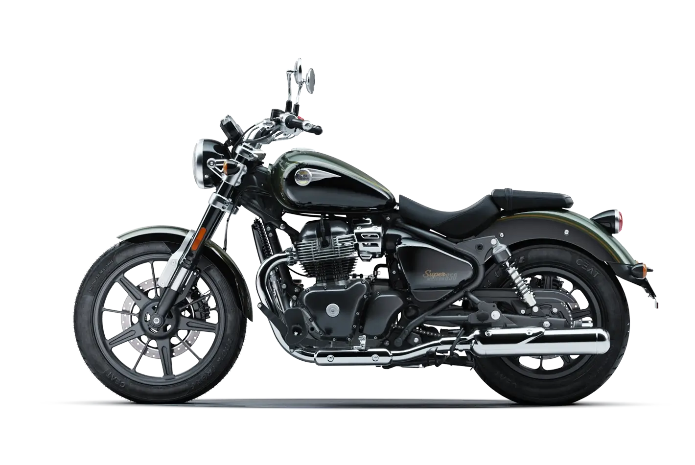 Seitenansicht von Royal Enfield Super Meteor 650 in interstellar green