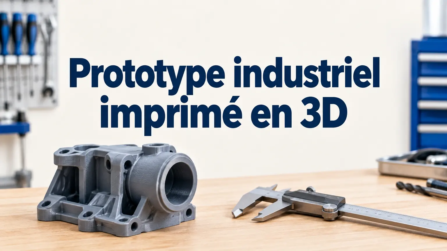 Prototype industriel imprimé en 3D posé sur un établi avec un pied à coulisse.