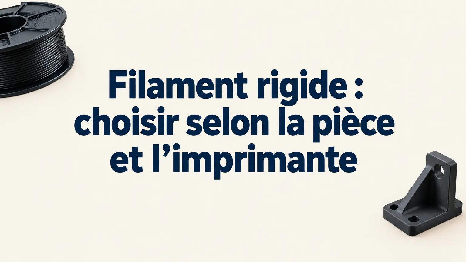 Bobine de filament générique et pièce imprimée rigide sur une table d’atelier