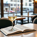 un verre de vin blanc, livre ouvert table de bistro .jpg