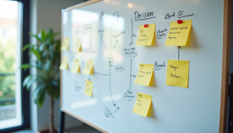 High angle view of a whiteboard with decision-making flowchart and notes