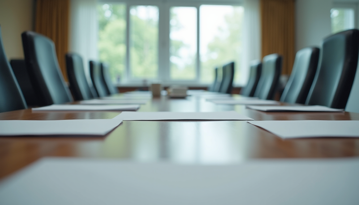 Eye-level view of a conference table with scattered papers and empty chairs