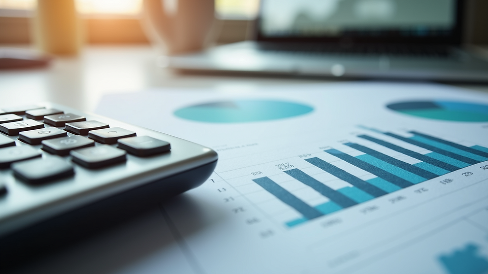 Close-up view of a calculator and financial charts on a desk