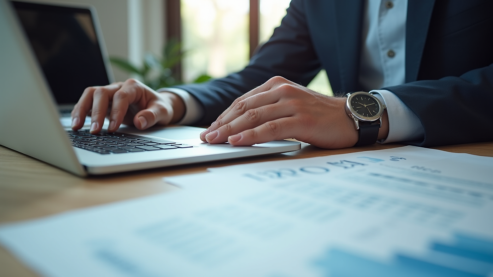 Eye-level view of a CPA reviewing financial documents with a laptop