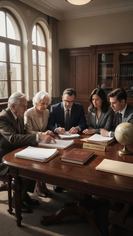 A multi-generational family reviewing governance documents at a boardroom table