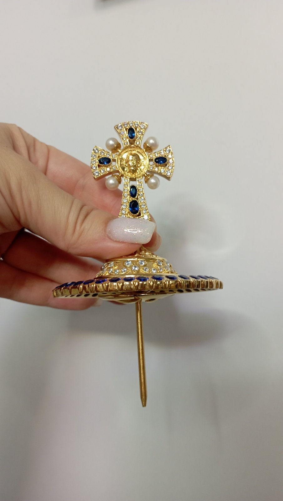 Thumbnail: Brass miter cross with stones and pearls, top cross for bishops mitra
