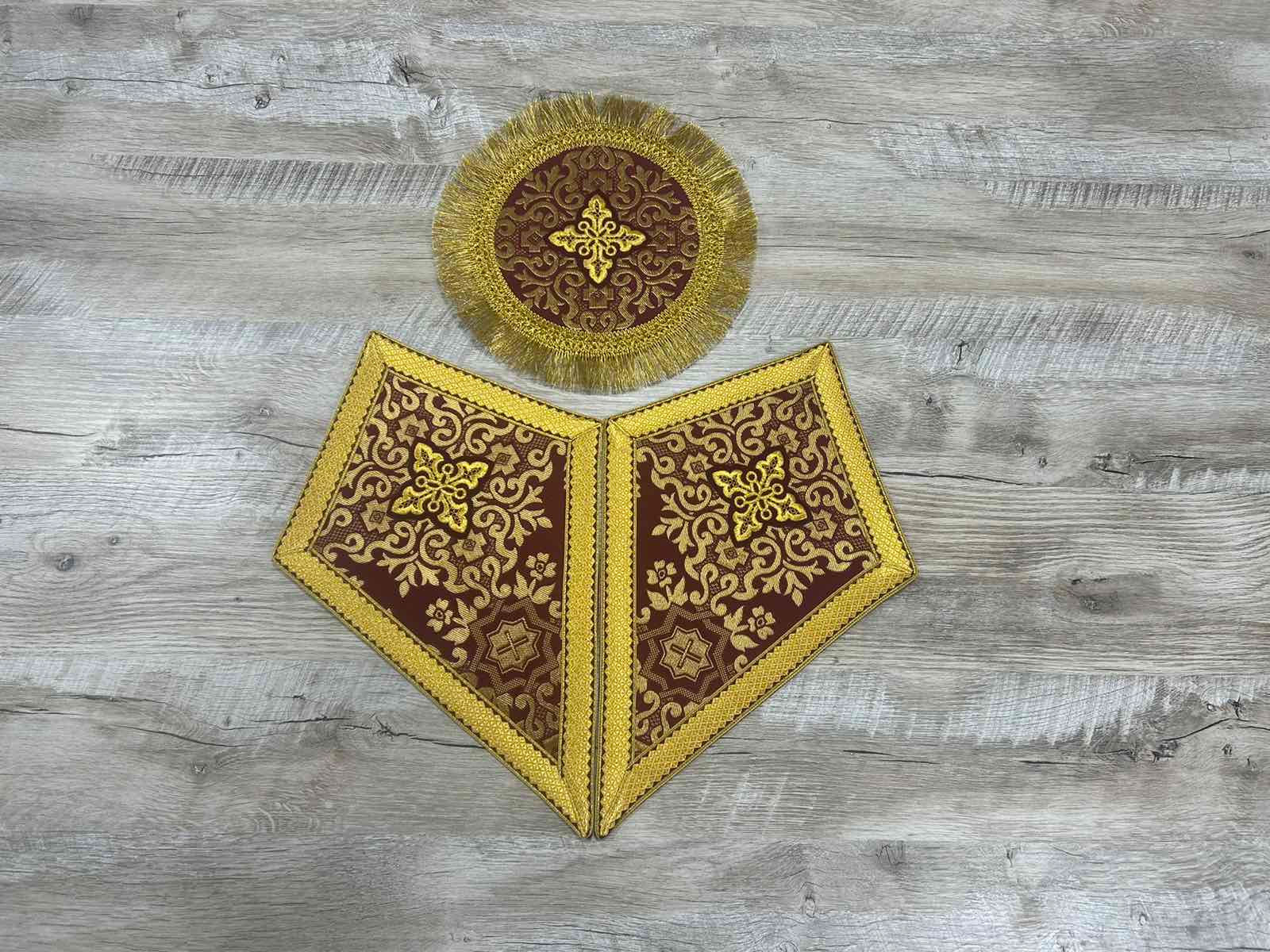 Altar cross and lamp stands covers in Greek brocade - Orthodox liturgical set