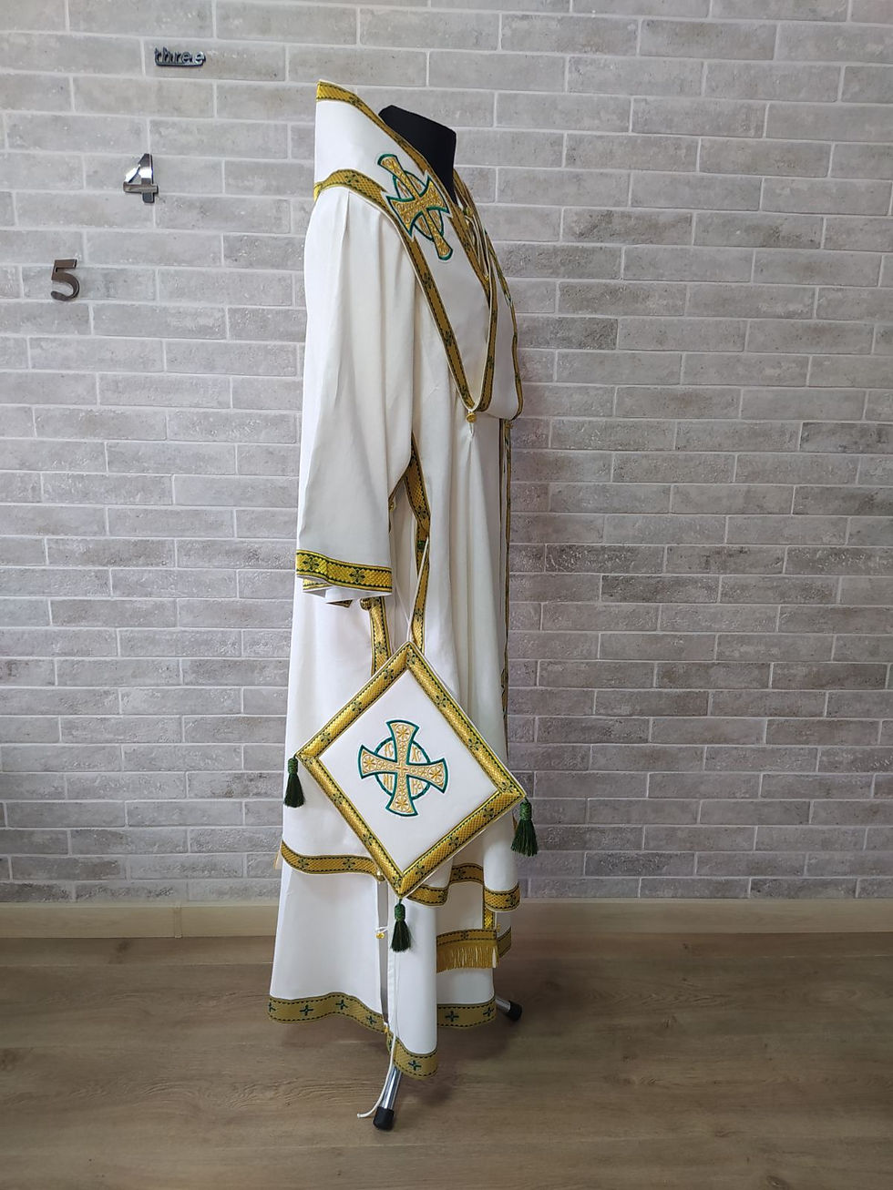 Thumbnail: White Bishop's Vestments with green trims - Vestments for Bishop - Archbishop