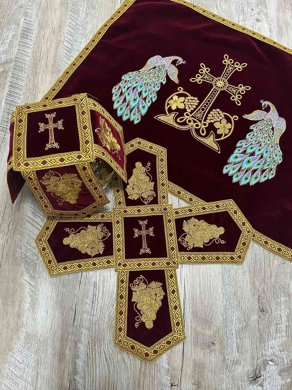 Thumbnail: Embroidered Orthodox Chalice Covers with peacocks - Aer and chalice veil set
