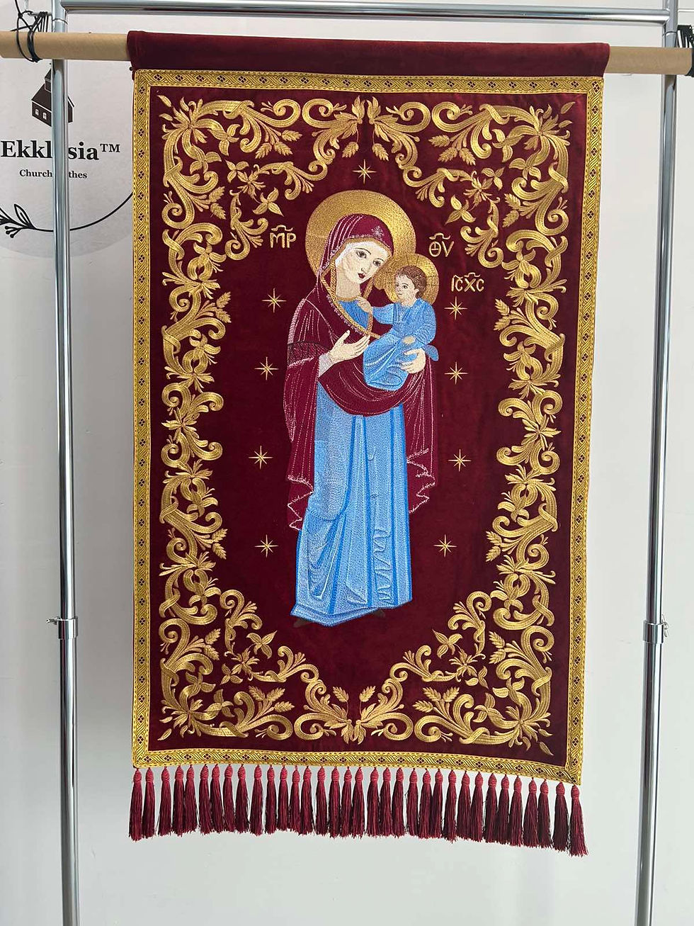 Thumbnail: Embroidered banners on natural velvet - Pair of church gonfalon