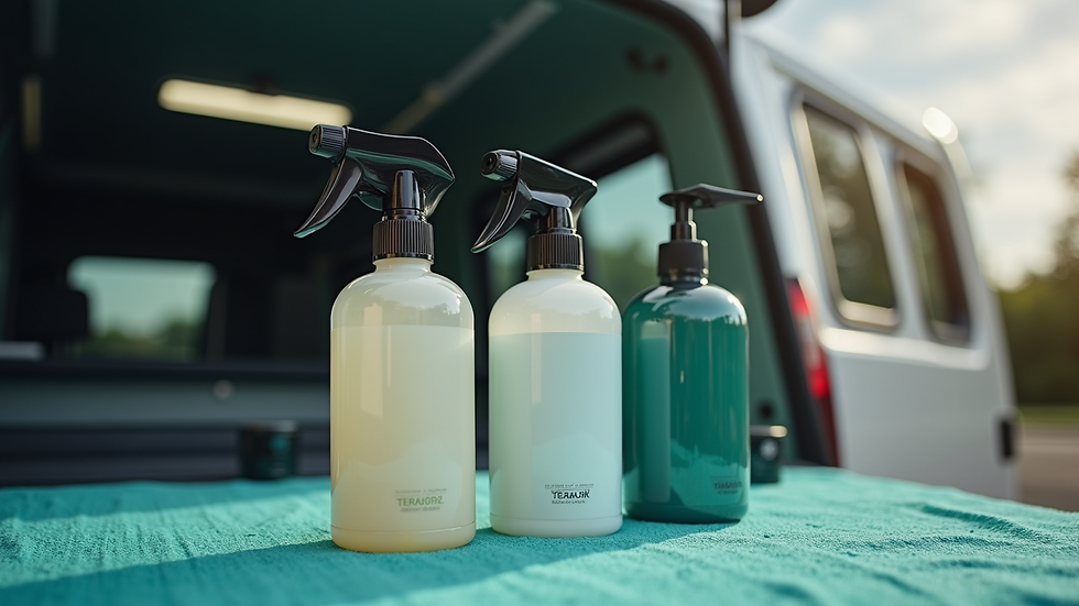 Close-up view of eco-friendly car cleaning products arranged neatly on a mobile detailing van
