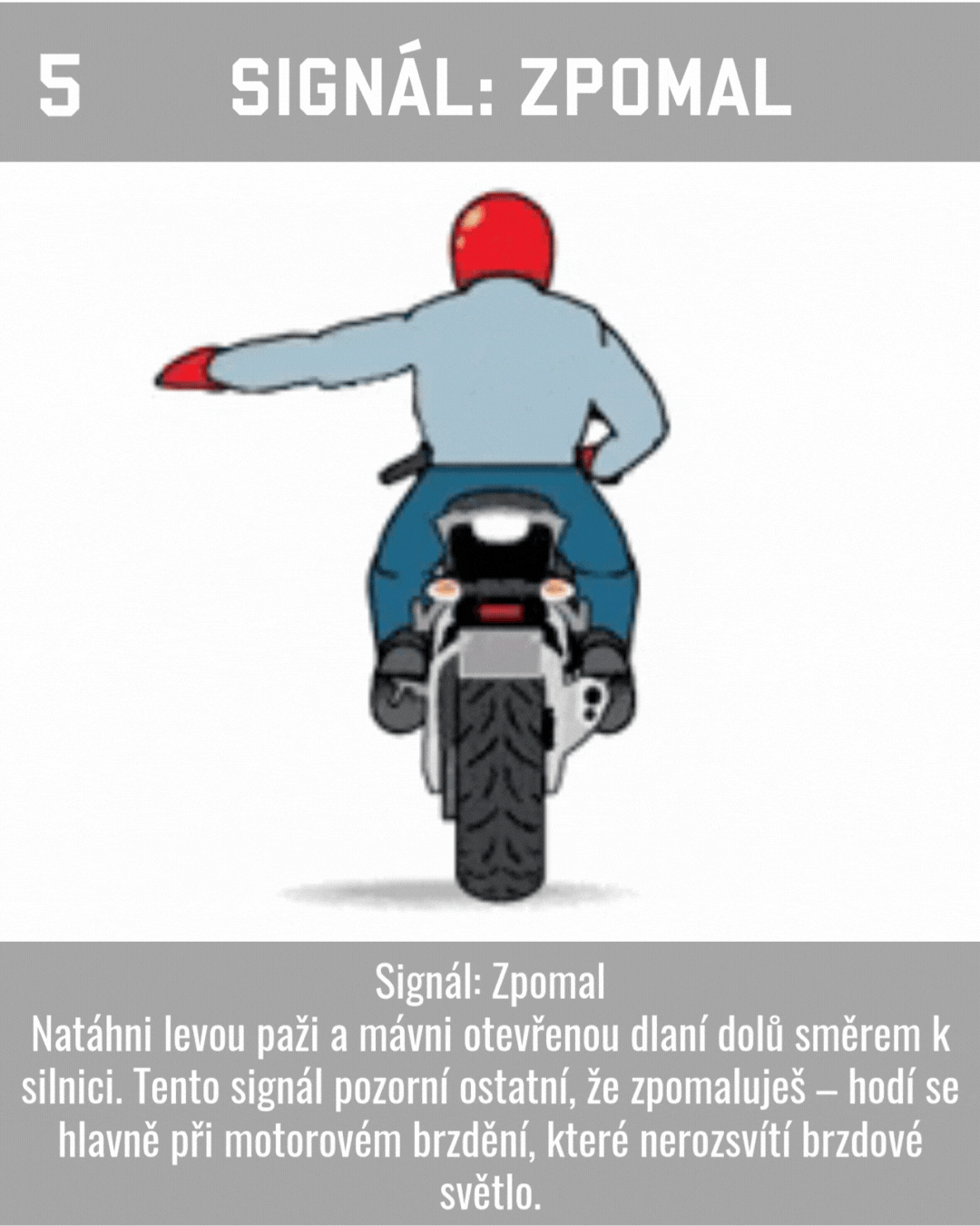 Signál Odboč vlevo Upaž levou ruku do strany, dlaň směřuje dolů. Používá se při odbočování