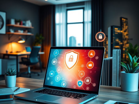 Hybrid work setting with a laptop showing secure network and shield icons, alongside a home-office and corporate-office backdrop—illustrating essential cybersecurity strategies for Toronto SMBs