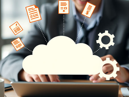Business professional studying cloud graphic on a laptop, with floating dollar icons, document flows, and gear symbols—representing costs, training, and integration during cloud migration
