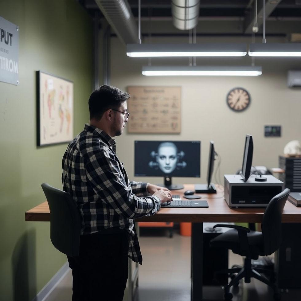 IT technician working at a standing desk in a modern office with computer monitors and technology equipment, representing managed IT services in Toronto