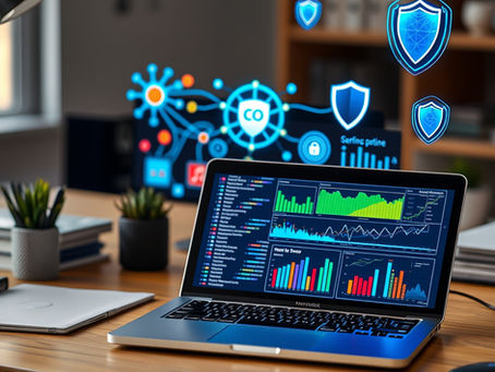 A small business office setup with a laptop displaying colorful network diagrams, digital shields, and scanning graphs, symbolizing free IT security auditing tools for small businesses in Toronto