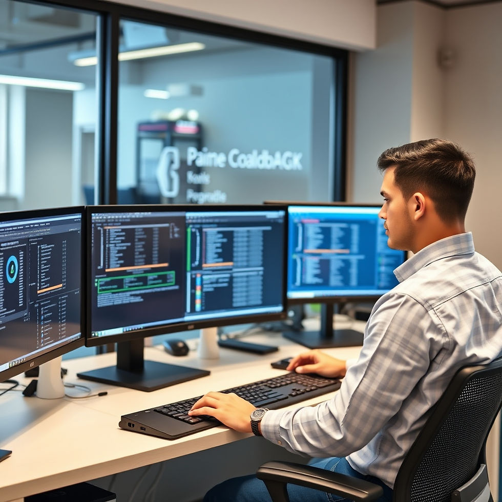 Toronto IT specialist managing systems on multiple monitors in a modern office, highlighting expert support and managed IT services for local SMBs