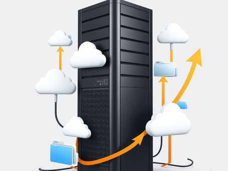 A modern server tower surrounded by cloud and network folder icons, overlaid with growth arrows, representing alternatives to aging file‑server infrastructure