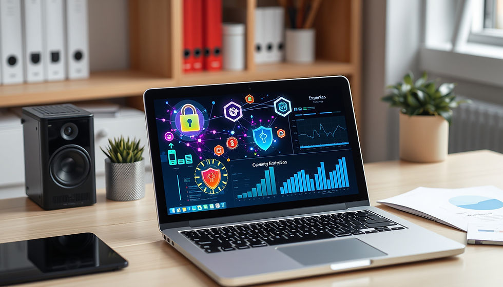 Laptop displaying colorful cybersecurity graphics on a desk with plants and speakers. Background includes shelves with binders and a window.